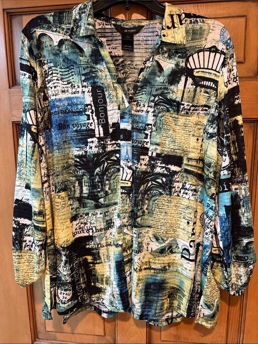 Ali Miles Collage Print Button-Front Tunic - Teal, Black, Yellow